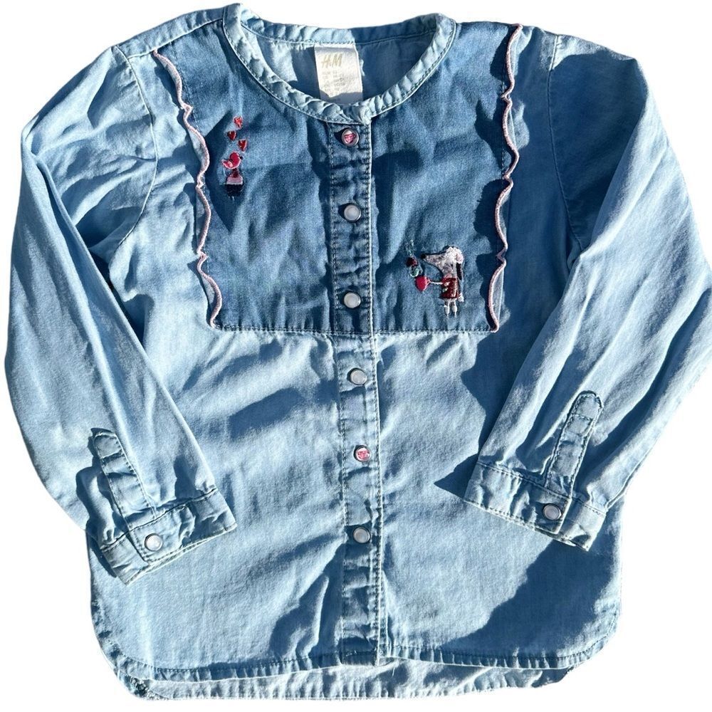 H&M Girls Button Down Embroidered  Long Sleeve Blouse